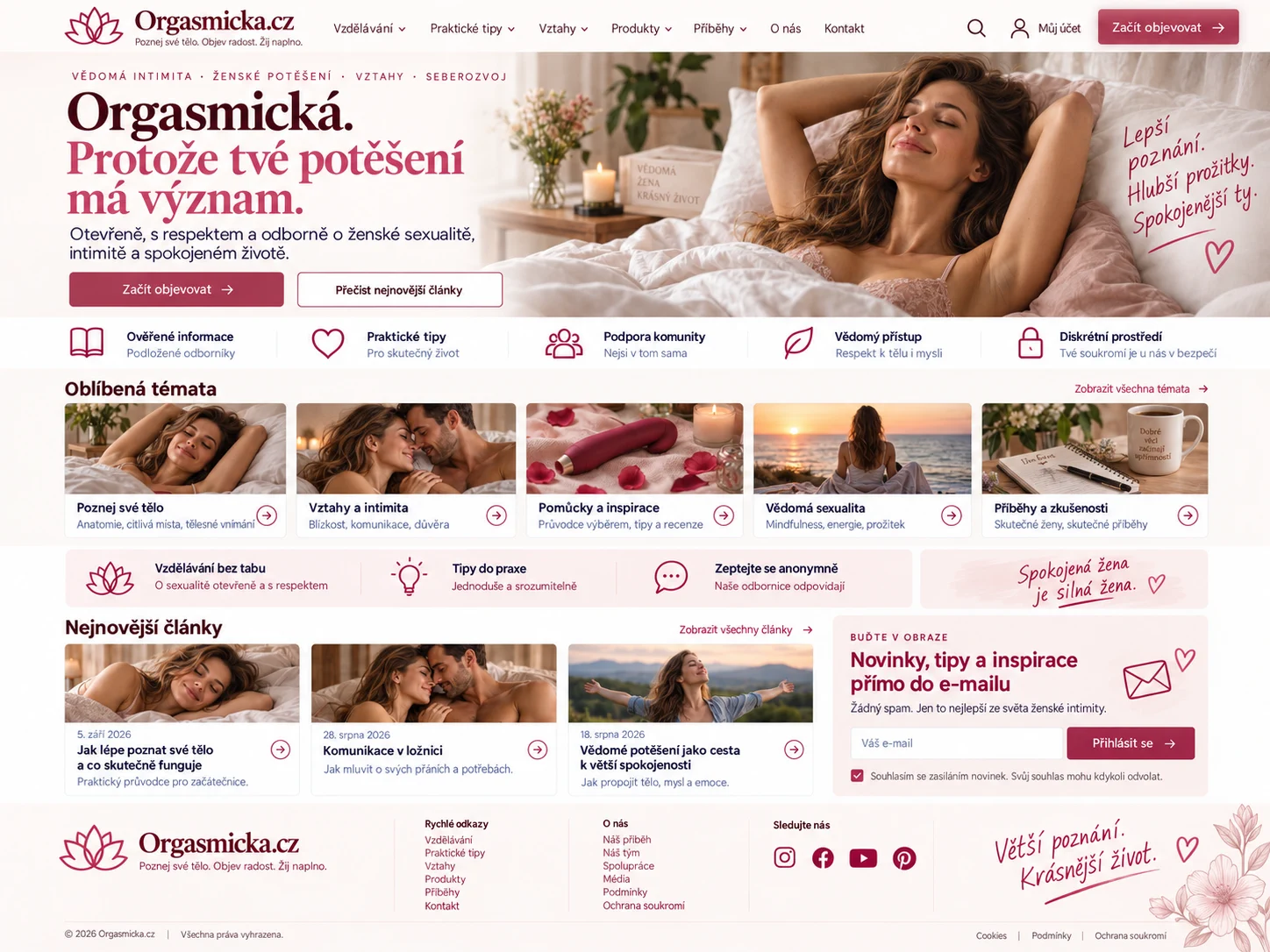 Ilustrační návrh webu Orgasmicka.cz v růžové a fialové pro intimní wellbeing a edukaci dospělých